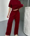 Osy Modal Yumuşak Dokulu Kumaş   Kısa Kollu Bluz Rahat Pantalon ikili Takım- Bordo