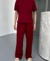 Osy Modal Yumuşak Dokulu Kumaş   Kısa Kollu Bluz Rahat Pantalon ikili Takım- Bordo