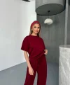 Osy Modal Yumuşak Dokulu Kumaş   Kısa Kollu Bluz Rahat Pantalon ikili Takım- Bordo