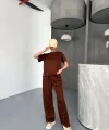 Osy Modal Yumuşak Dokulu Kumaş   Kısa Kollu Bluz Rahat Pantalon ikili Takım- Bordo
