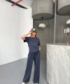 Osy Modal Yumuşak Dokulu Kumaş Kısa Kollu Bluz Rahat Pantalon ikili Takım- Füme