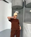 Osy Modal Yumuşak Dokulu Kumaş Kısa Kollu Bluz Rahat Pantalon ikili Takım- Kahverengi