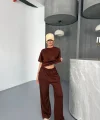 Osy Modal Yumuşak Dokulu Kumaş Kısa Kollu Bluz Rahat Pantalon ikili Takım- Kahverengi
