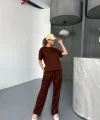 Osy Modal Yumuşak Dokulu Kumaş Kısa Kollu Bluz Rahat Pantalon ikili Takım- Kahverengi