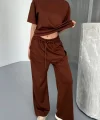 Osy Modal Yumuşak Dokulu Kumaş Kısa Kollu Bluz Rahat Pantalon ikili Takım- Kahverengi