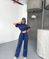 Osy Modal Yumuşak Dokulu Kumaş Kısa Kollu Bluz Rahat Pantalon ikili Takım- Lacivert