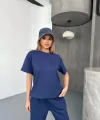 Osy Modal Yumuşak Dokulu Kumaş Kısa Kollu Bluz Rahat Pantalon ikili Takım- Lacivert
