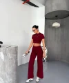 Osy Modal Yumuşak Dokulu Kumaş Kısa Kollu Crop Alt Ispanyol Paça Pantalon Ikili Takım - Bordo
