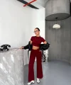 Osy Modal Yumuşak Dokulu Kumaş Kısa Kollu Crop Alt Ispanyol Paça Pantalon Ikili Takım - Bordo