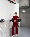 Osy Modal Yumuşak Dokulu Kumaş Kısa Kollu Crop Alt ispanyol Paça Pantalon ikili Takım - Bordo