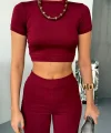 Osy Modal Yumuşak Dokulu Kumaş Kısa Kollu Crop Alt Ispanyol Paça Pantalon Ikili Takım - Bordo