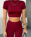 Osy Modal Yumuşak Dokulu Kumaş Kısa Kollu Crop Alt ispanyol Paça Pantalon ikili Takım - Bordo