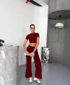Osy Modal Yumuşak Dokulu Kumaş Kısa Kollu Crop Alt ispanyol Paça Pantalon ikili Takım - Bordo