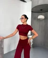 Osy Modal Yumuşak Dokulu Kumaş Kısa Kollu Crop Alt ispanyol Paça Pantalon ikili Takım - Bordo
