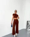 Osy Modal Yumuşak Dokulu Kumaş Kısa Kollu Crop Alt Ispanyol Paça Pantalon Ikili Takım - Kahverengi