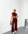 Osy Modal Yumuşak Dokulu Kumaş Kısa Kollu Crop Alt ispanyol Paça Pantalon ikili Takım - Kahverengi