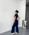 Osy Modal Yumuşak Dokulu Kumaş Kısa Kollu Crop Alt Ispanyol Paça Pantalon Ikili Takım - Lacivert