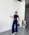 Osy Modal Yumuşak Dokulu Kumaş Kısa Kollu Crop Alt Ispanyol Paça Pantalon Ikili Takım - Lacivert