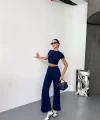 Osy Modal Yumuşak Dokulu Kumaş Kısa Kollu Crop Alt ispanyol Paça Pantalon ikili Takım - Lacivert