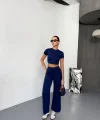 Osy Modal Yumuşak Dokulu Kumaş Kısa Kollu Crop Alt Ispanyol Paça Pantalon Ikili Takım - Lacivert