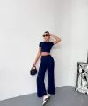 Osy Modal Yumuşak Dokulu Kumaş Kısa Kollu Crop Alt ispanyol Paça Pantalon ikili Takım - Lacivert