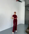 Osy Modal Yumuşak Dokulu Kumaş Kısa Kollu Crop Rahat Pantalon Ikili Takım - Bordo