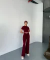 Osy Modal Yumuşak Dokulu Kumaş Kısa Kollu Crop Rahat Pantalon ikili Takım - Bordo
