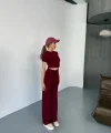 Osy Modal Yumuşak Dokulu Kumaş Kısa Kollu Crop Rahat Pantalon Ikili Takım - Bordo