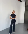 Osy Modal Yumuşak Dokulu Kumaş Kısa Kollu Crop Rahat Pantalon ikili Takım - Füme