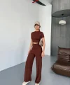 Osy Modal Yumuşak Dokulu Kumaş Kısa Kollu Crop Rahat Pantalon Ikili Takım - Kahverengi