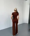 Osy Modal Yumuşak Dokulu Kumaş Kısa Kollu Crop Rahat Pantalon Ikili Takım - Kahverengi