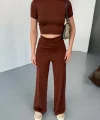 Osy Modal Yumuşak Dokulu Kumaş Kısa Kollu Crop Rahat Pantalon ikili Takım - Kahverengi