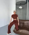 Osy Modal Yumuşak Dokulu Kumaş Kısa Kollu Crop Rahat Pantalon ikili Takım - Kahverengi