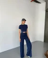 Osy Modal Yumuşak Dokulu Kumaş Kısa Kollu Crop Rahat Pantalon ikili Takım - Lacivert