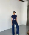 Osy Modal Yumuşak Dokulu Kumaş Kısa Kollu Crop Rahat Pantalon Ikili Takım - Lacivert