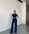 Osy Modal Yumuşak Dokulu Kumaş Kısa Kollu Crop Rahat Pantalon Ikili Takım - Lacivert