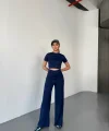 Osy Modal Yumuşak Dokulu Kumaş Kısa Kollu Crop Rahat Pantalon ikili Takım - Lacivert