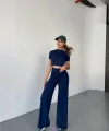 Osy Modal Yumuşak Dokulu Kumaş Kısa Kollu Crop Rahat Pantalon ikili Takım - Lacivert