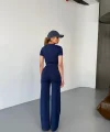 Osy Modal Yumuşak Dokulu Kumaş Kısa Kollu Crop Rahat Pantalon ikili Takım - Lacivert