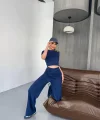 Osy Modal Yumuşak Dokulu Kumaş Kısa Kollu Crop Rahat Pantalon ikili Takım - Lacivert