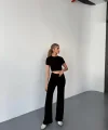 Osy Modal Yumuşak Dokulu Kumaş Kısa Kollu Crop Rahat Pantalon ikili Takım - Siyah