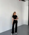 Osy Modal Yumuşak Dokulu Kumaş Kısa Kollu Crop Rahat Pantalon Ikili Takım - Siyah