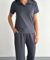 Osy Modal Yumuşak Dokulu Kumaş Kısa Kollu Yakalı T-shirt Pantalon Ikili Takım- Antrasit