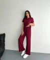 Osy Modal Yumuşak Dokulu Kumaş Kısa Kollu Yakalı T-shirt Pantalon ikili Takım- Bordo