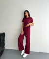 Osy Modal Yumuşak Dokulu Kumaş Kısa Kollu Yakalı T-shirt Pantalon Ikili Takım- Bordo