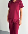 Osy Modal Yumuşak Dokulu Kumaş Kısa Kollu Yakalı T-shirt Pantalon Ikili Takım- Bordo