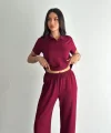 Osy Modal Yumuşak Dokulu Kumaş Kısa Kollu Yakalı T-shirt Pantalon ikili Takım- Bordo