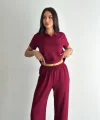 Osy Modal Yumuşak Dokulu Kumaş Kısa Kollu Yakalı T-shirt Pantalon Ikili Takım- Bordo