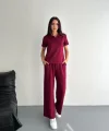 Osy Modal Yumuşak Dokulu Kumaş Kısa Kollu Yakalı T-shirt Pantalon ikili Takım- Bordo