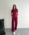 Osy Modal Yumuşak Dokulu Kumaş Kısa Kollu Yakalı T-shirt Pantalon Ikili Takım- Bordo